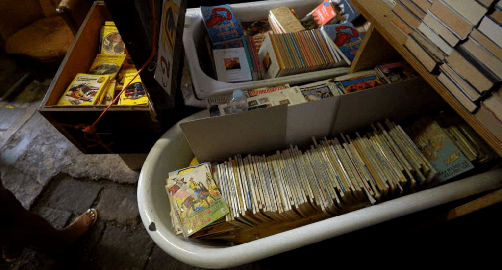 In the Libreria Acqua Alta, to avoid flooding, so many of the objects are preserved in ancient boats or wooden tubs