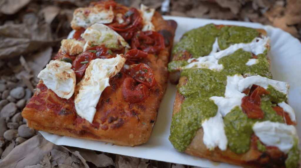 Pesto Pizza and tomato-mozzarella pizza